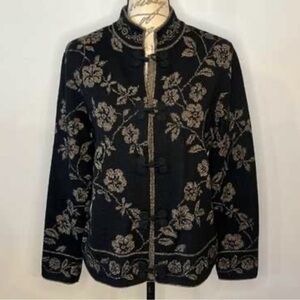 TALBOTS | Black Merino Wool Floral Embroidered Sweater, Mandarin Collar, Size M